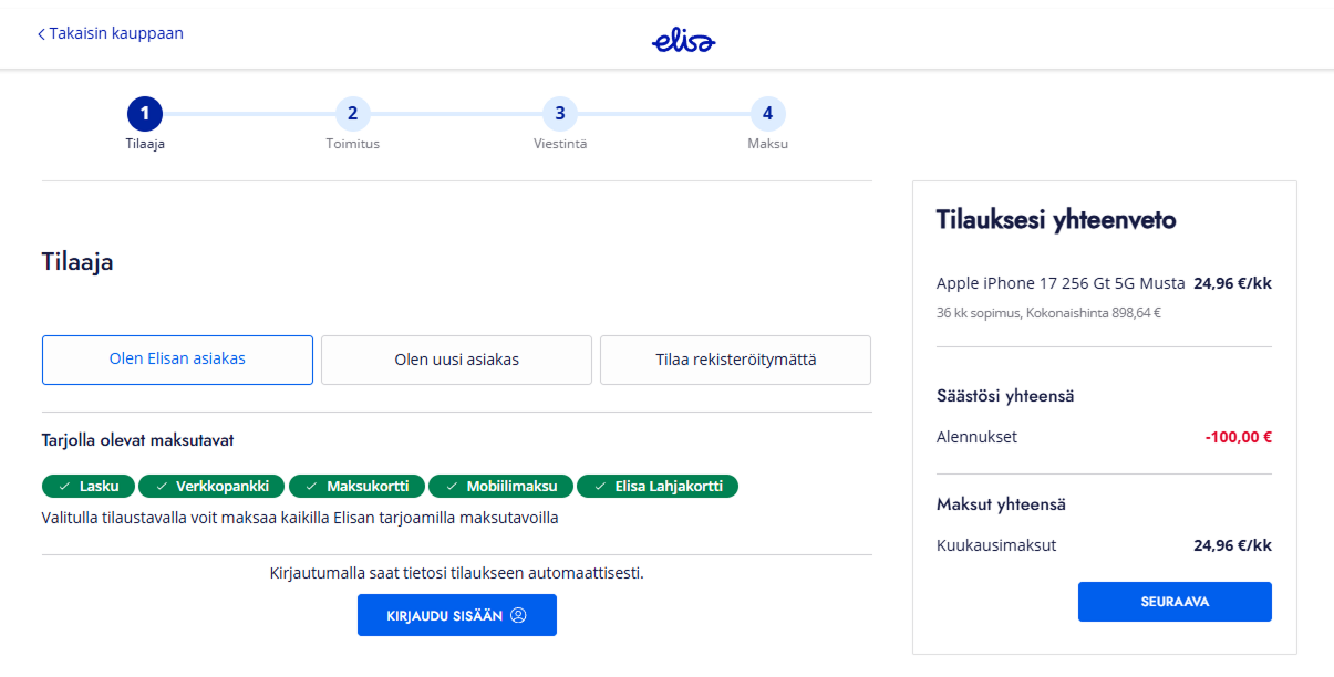 Original Elisa checkout page with a text-heavy order summary and weak visual emphasis on the selected phone.