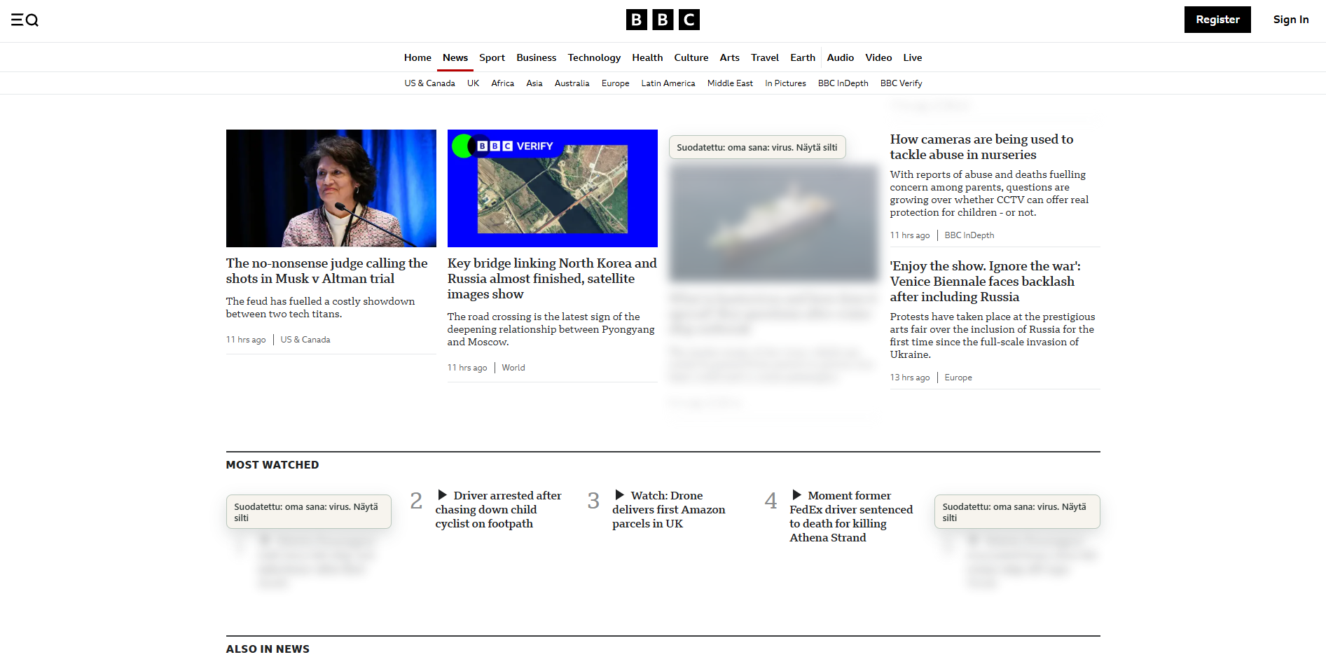 BBC news page softened by FilterNews topic controls