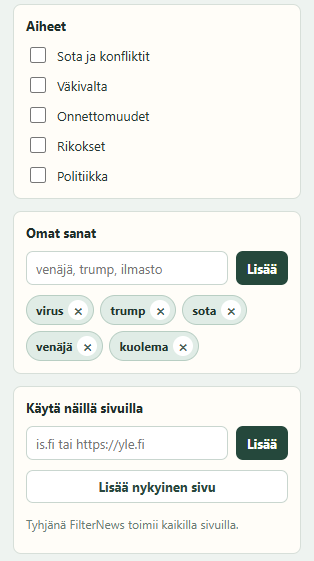 FilterNews controls showing topic filters, custom keyword chips, and site-specific filtering options.