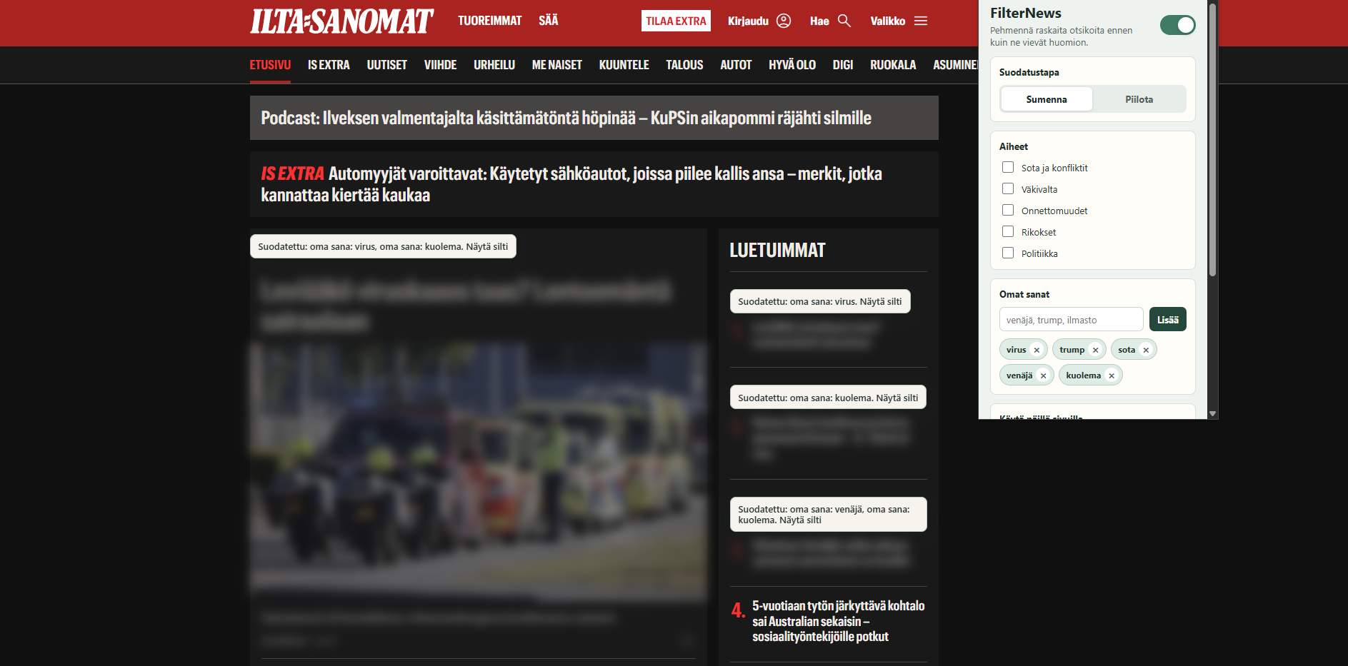 Ilta-Sanomat homepage where a small set of custom keyword filters softens multiple repeated news items across the page.